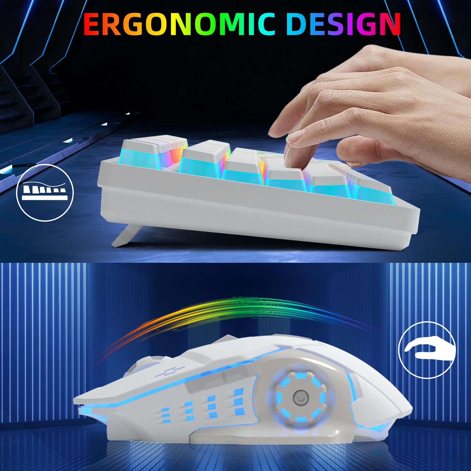 Wireless Gaming Keyboard and Mouse Combo - RGB Backlit, Rechargeable, Ergonomic, for Gaming Work, Long-Lasting Built-in Battery (White)