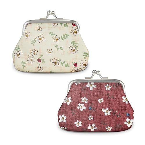 Energather 2pcs Coin Purse, Kiss Lock Coin Pouch Small Coin Purses for Women and Girls, Cute Coin Purse Holder Money Purses Bag with Floral Pattern for Keys, Changes, Receipts (red+Khaki)