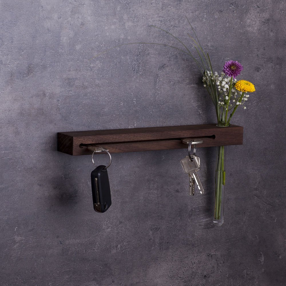 WOODS Walnut Key Rack with Shelf and Vase, Modern Wall Decoration, Handmade in Bavaria