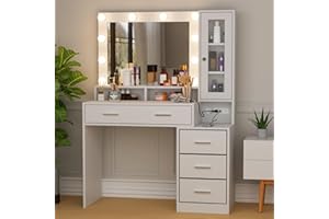 Likein Makeup Vanity Desk with Lights, Vanity Table with Charging Station, Vanity Mirror with Lights Desk, Nightstand, Glass Door Cabinet and 4 Drawers, White