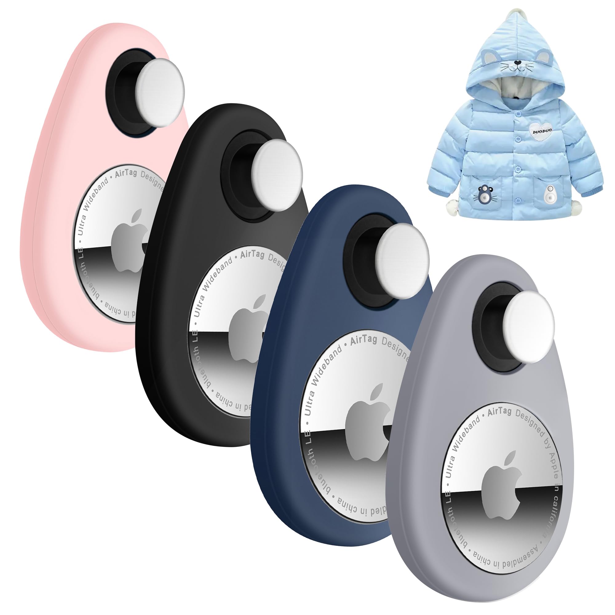 Lulaven for Airtag Holder for Kids Hidden 4 Pack GPS Tracker Case, Anti-Removal for Airtag Silicone Case with Pins, Suitable for Children, Elderly, Pets(Grey, black,blue,pink)