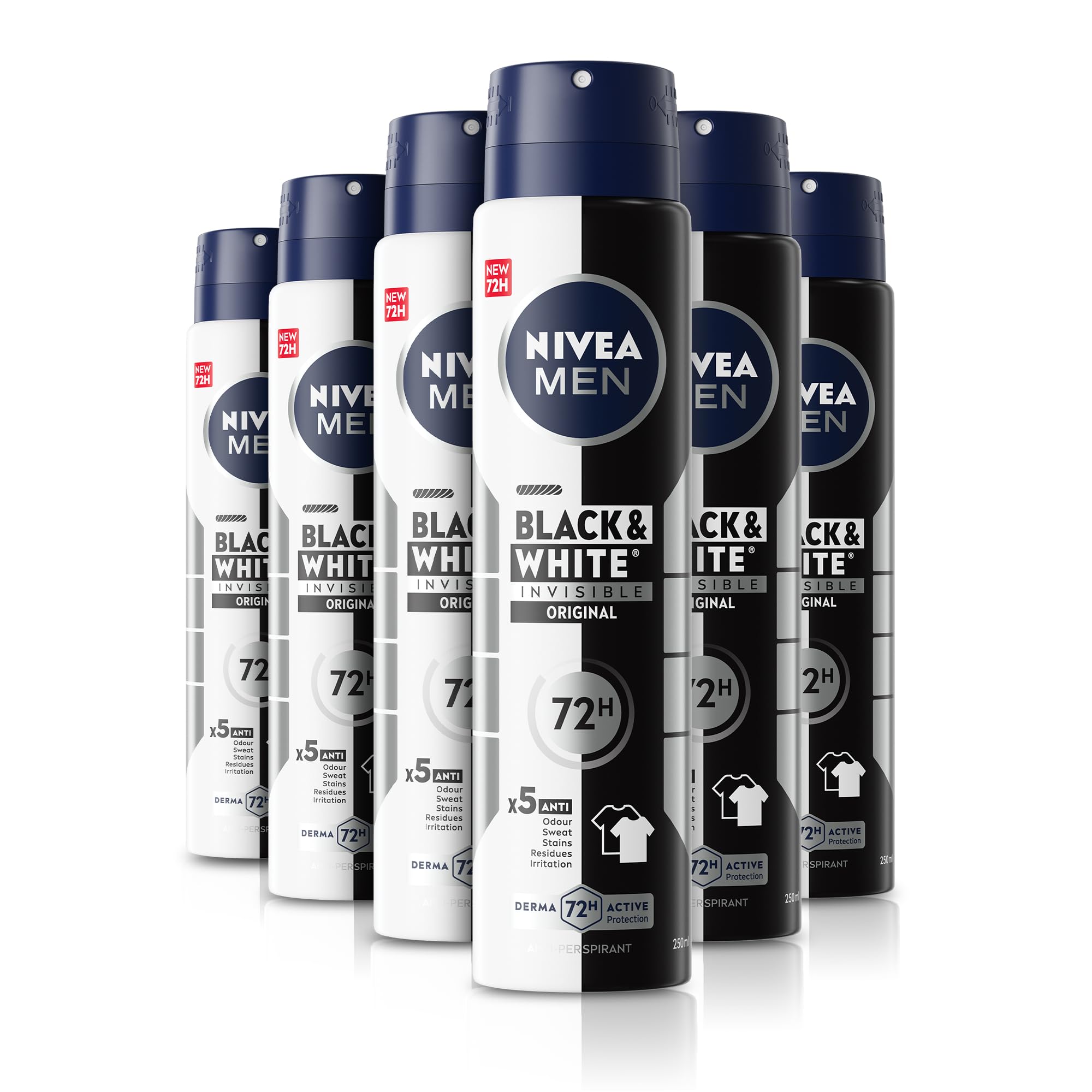 NIVEA MEN Invisible for Black & White Original Anti-Perspirant Deodorant Spray (250ml, Pack of 6), 0% Alcohol Aerosol Spray, Anti-Mark and Anti-Sweat Men's Anti-Perspirant Deodorant