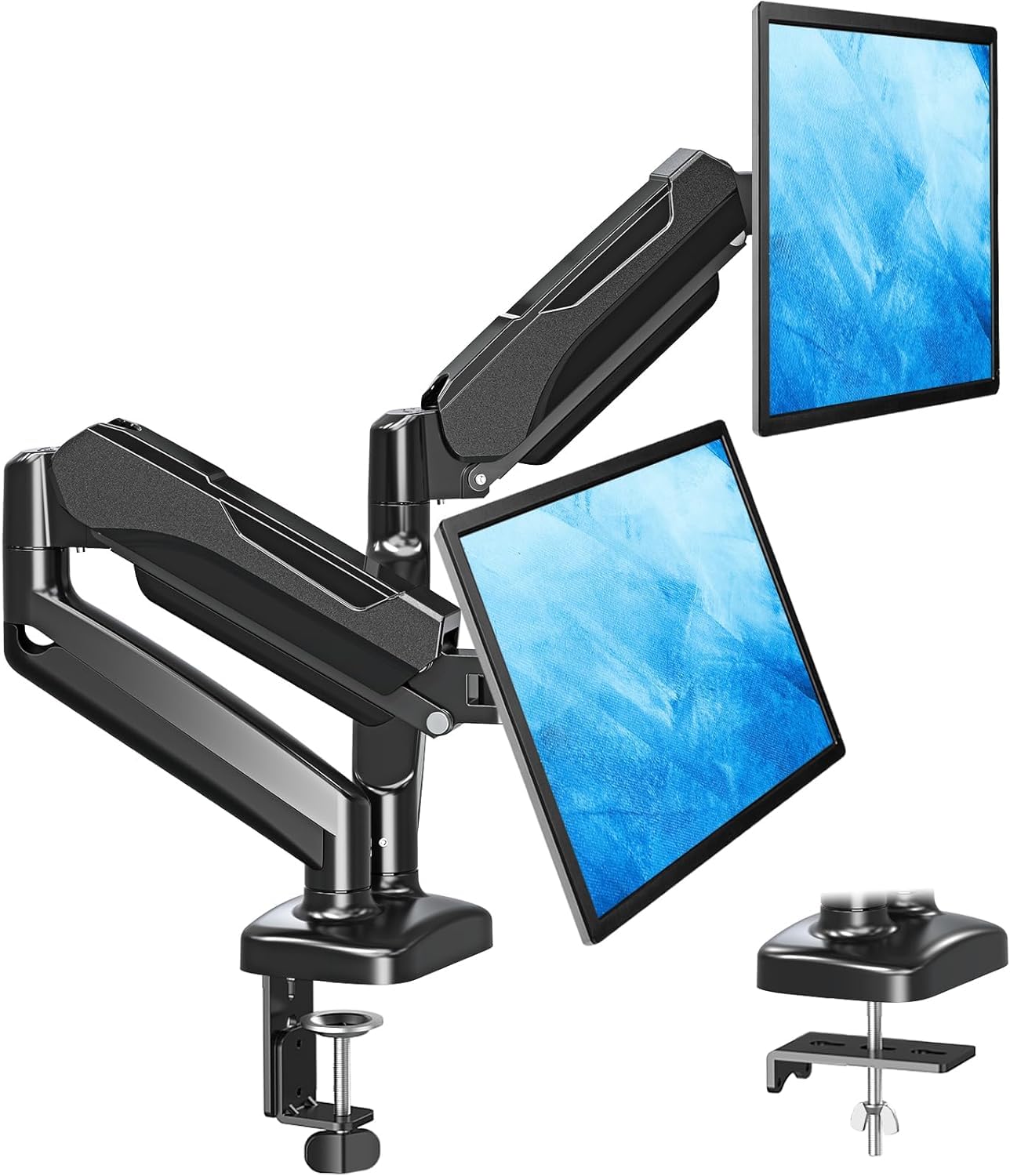Photo 1 of MOUNTUP Dual Monitor Stand for Desk, Gas Spring Monitor Arms for 2 Monitors 32 27 24 22 Inches, Height Adjustable Double Monitor Mount, VESA Mount with C-Clamp & Grommet Base, Holds 4.4-17.6lbs, Black