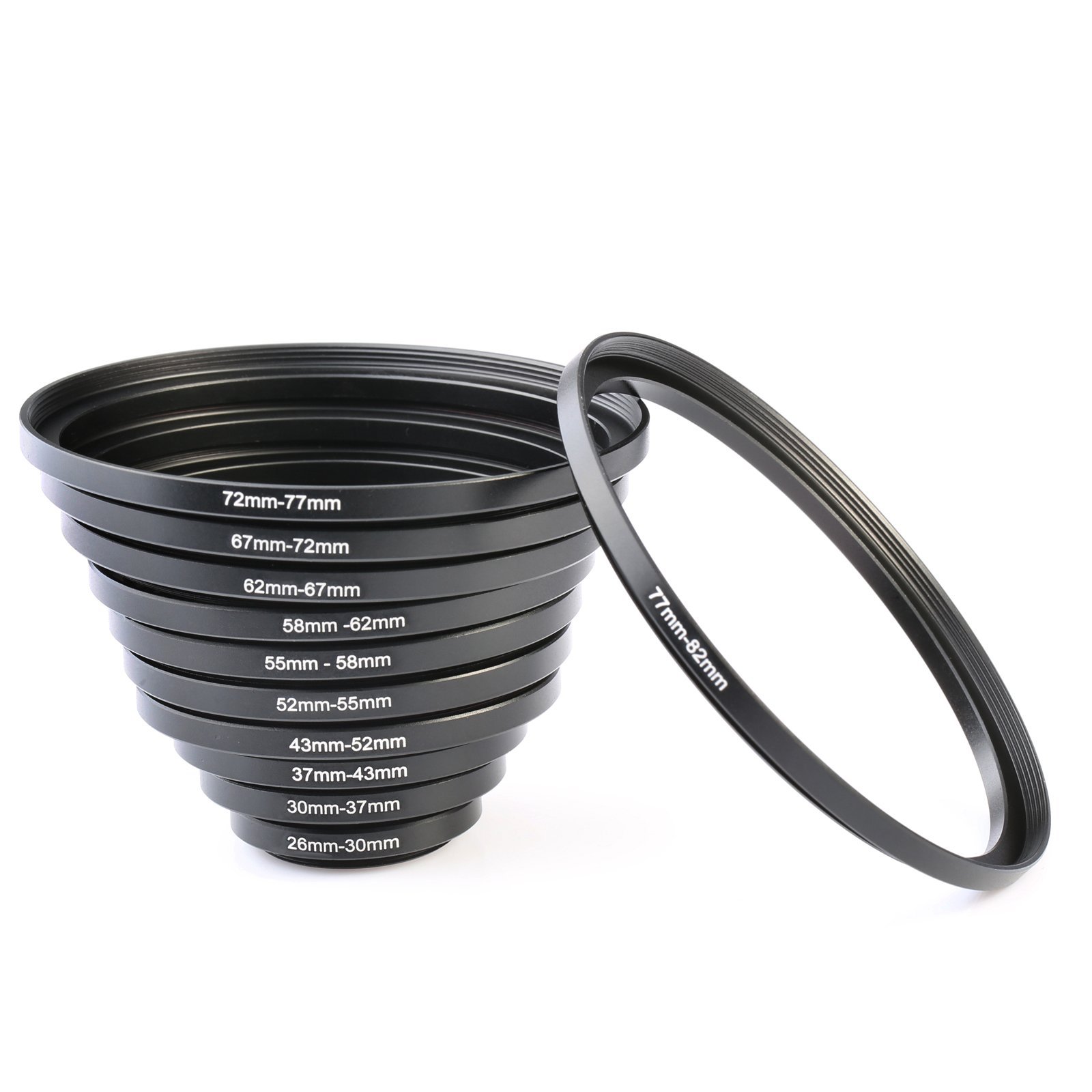 Step Up Rings, K&F Concept Metal 11pcs Stepping Adapter Ring Kit Including(26-30mm,30-37mm,37-43mm, 43-52mm,52-55mm,55-58mm,58-62mm,62-67mm,67-72mm,72-77mm,77-82mm)