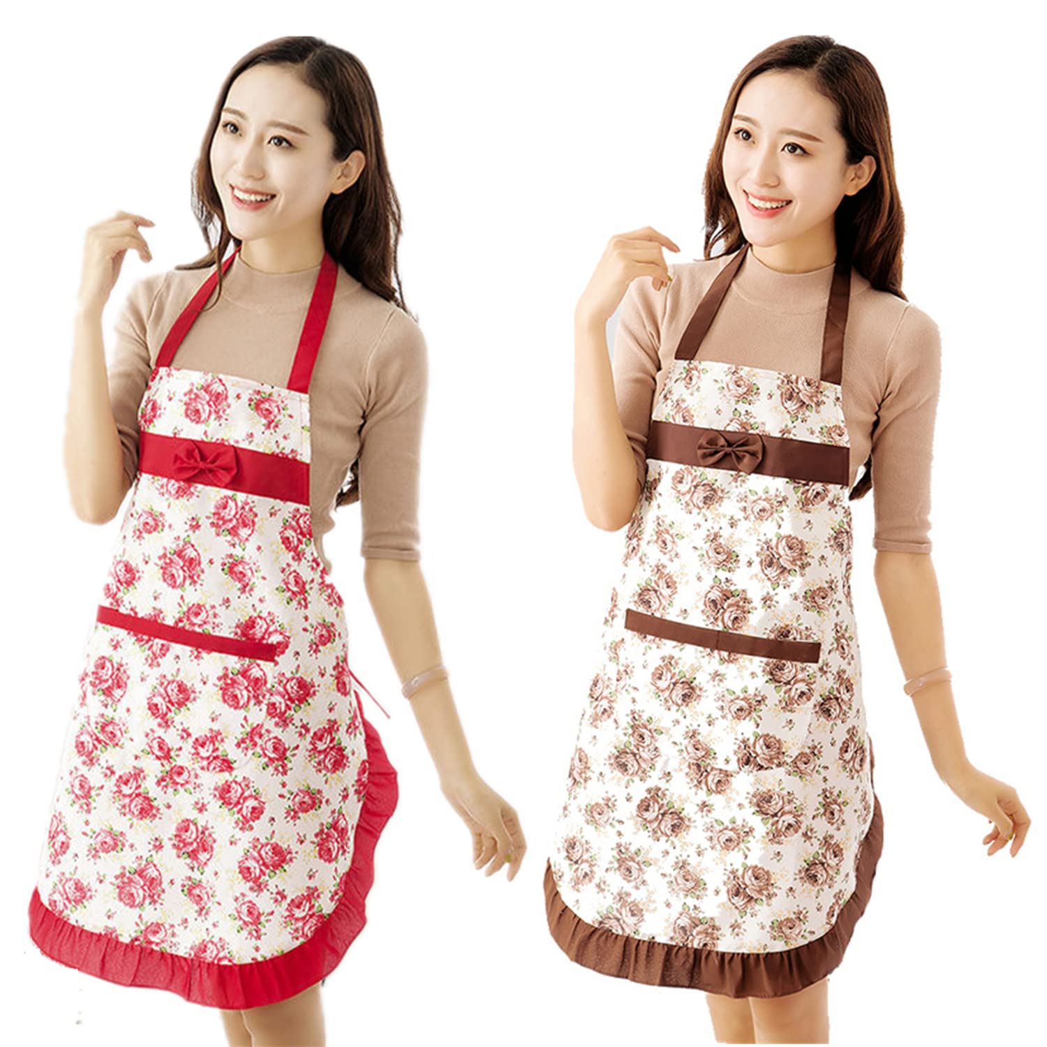 mciskin Floral Aprons for Girl/Women, 2 Pack Kitchen Cooking Aprons with Pockets, Cute Baking Gifts for Bakers, Vintage Farmhouse Style Kitchen Decor - Gifts for Mum/Wife/Sister (red+brown)