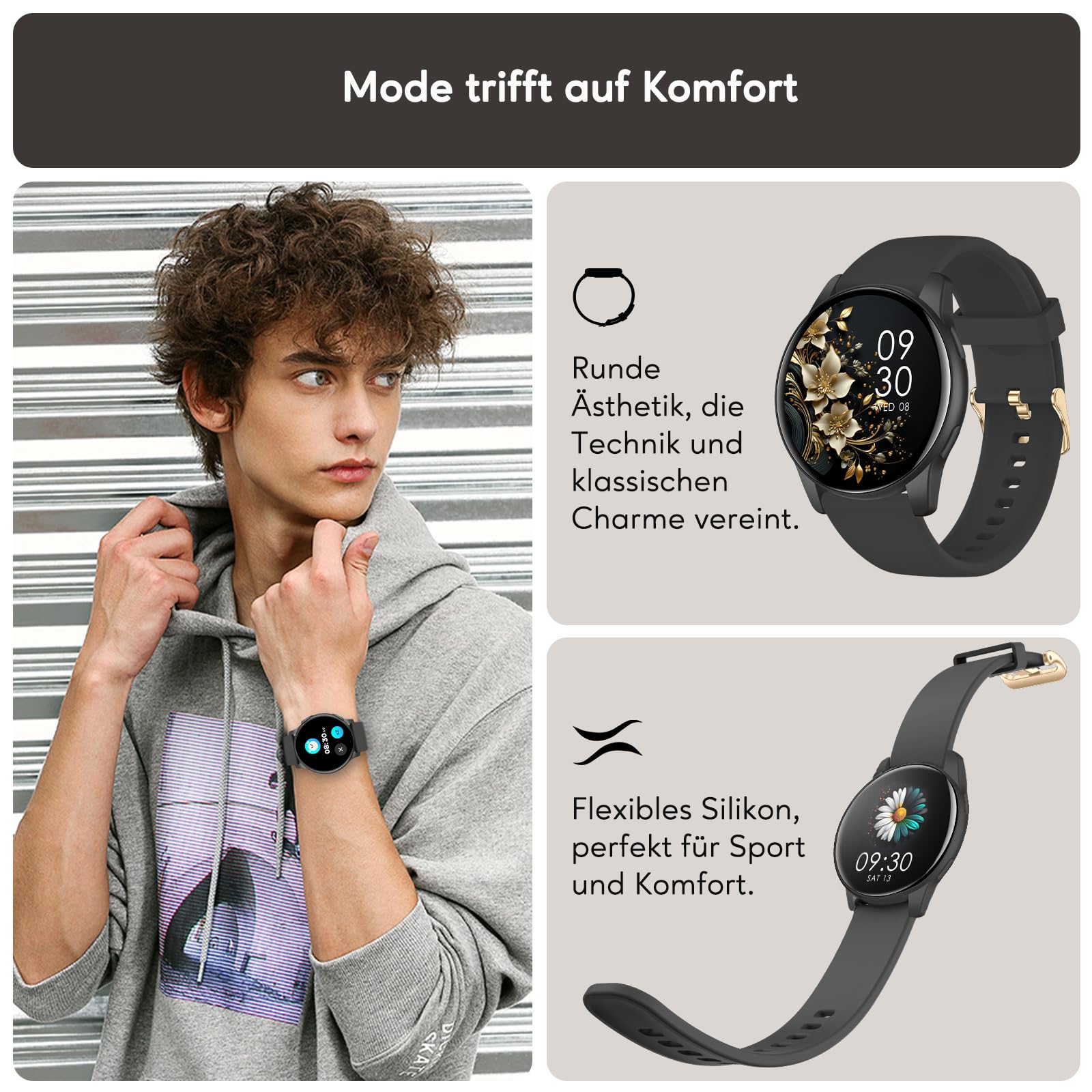 AcclaFit Smartwatch Damen Herren, 1.38 Zoll HD-Display Smart Watch mit Bluetooth Anrufe, Fitness Tracker mit Herzfrequenz SpO2 Schlafmonitor Schrittzähler, IP68 Wasserdicht Fitnessuhr iOS Black 2