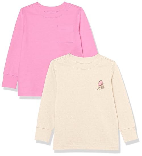 Amazon Essentials Unisex Toddlers' Long-Sleeve Rib Cuff T-Shirt, Pack of 2, Cream Jellyfish/Pink, 2T