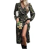 winkbay Women's Floral Wrap V Neck Dress Vintage Lantern Sleeve Slit Maxi Beach Sundress Wedding Guest Dresses
