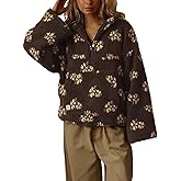 chouyatou Women's Fall Cute Floral Faux Fur Pullover Fleece Sweatshirt Y2k Casual Zip Up Winter Sherpa Jacket
