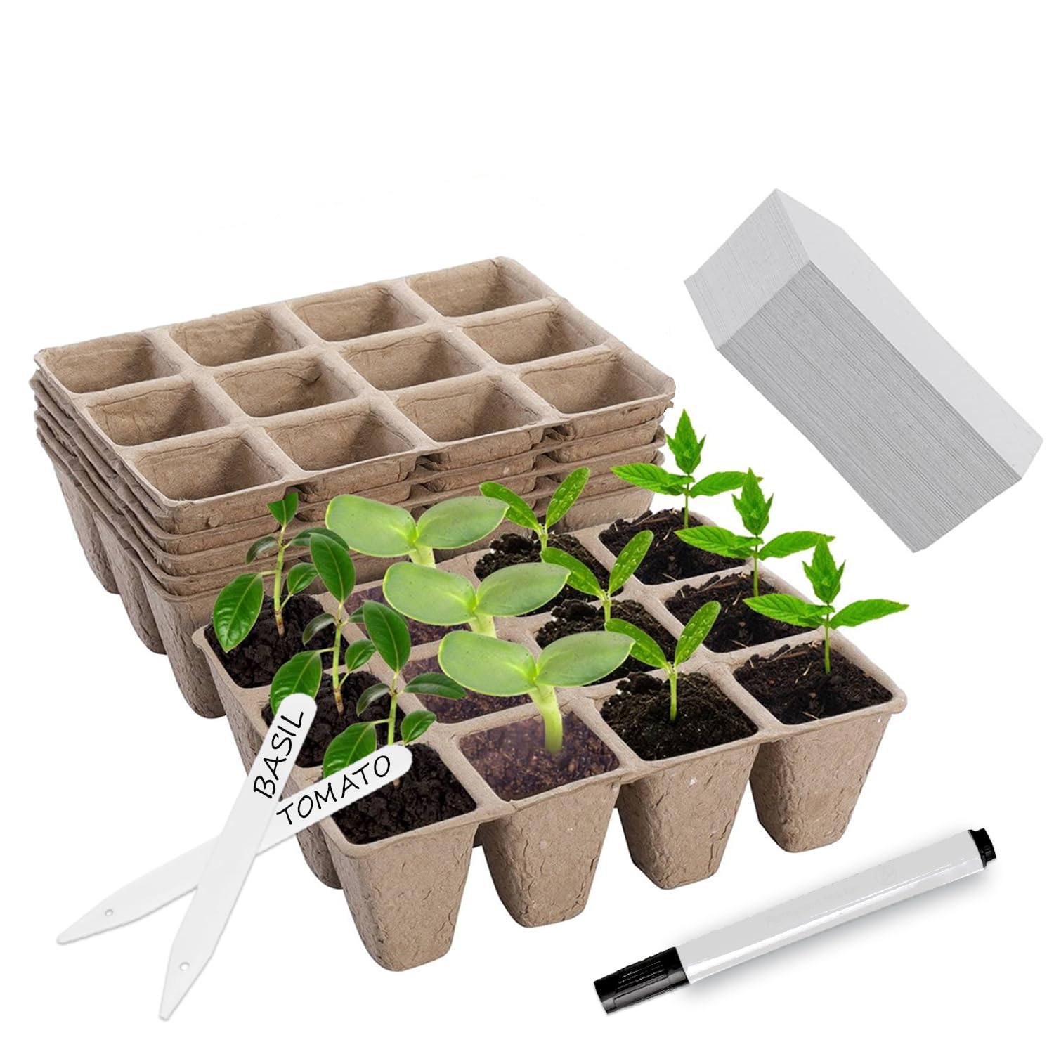 Navoys 72 Cell Seeder Tray, 40 Plant Sticks and Labeling Pen - Biodegradable Seedling Starter Kit, 16 x 12 x 4.5cm Plant Seed Potting Tray, Greenhouse Accessories (6 Trays - 72 Cells)
