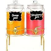 2-Pack 1 Gallon Glass Drink Dispensers for Parties - Leak-Proof Beverage Dispenser Jars with Glass Lids, Metal Stand, Spigot & Chalkboard Labels - Perfect for Lemonade, Iced Tea, and Party Drinks