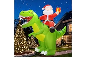 zukakii 9x8FT Christmas Inflatables Decoration Outdoor Santa Riding Giant Dinosaur Christmas Blow Up Yard Decoration Blowups Dino Built-in LED Lights for Holiday Party Xmas New Year