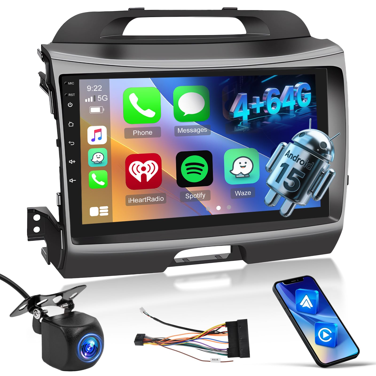 Photo 1 of [8 Core Qualcomm 4+64G] Car Radio for KIA Sportage 3 2010-2016 - Wireless Carplay and Android Auto - 9 Inch 1280 * 720 IPS Touch Screen Android Car Stereo - DSP/GPS/WiFi/SWC + AHD Backup Camera