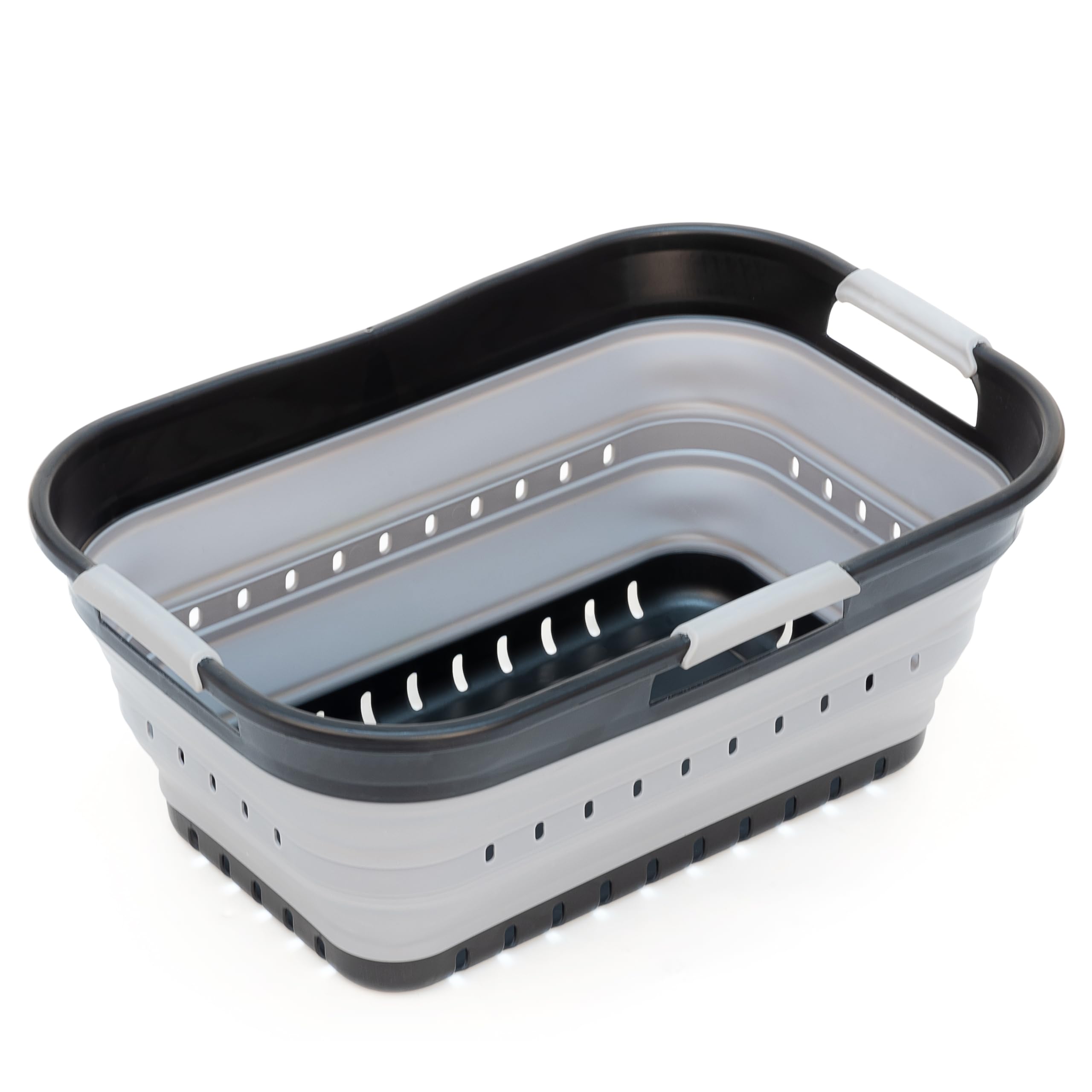 SAMMART 21L Super Mini Collapsible 3 Handled Plastic Basket - Foldable Pop Up Storage Container/Organizer - Space Saving Hamper/Basket (Black/Alloy Grey)