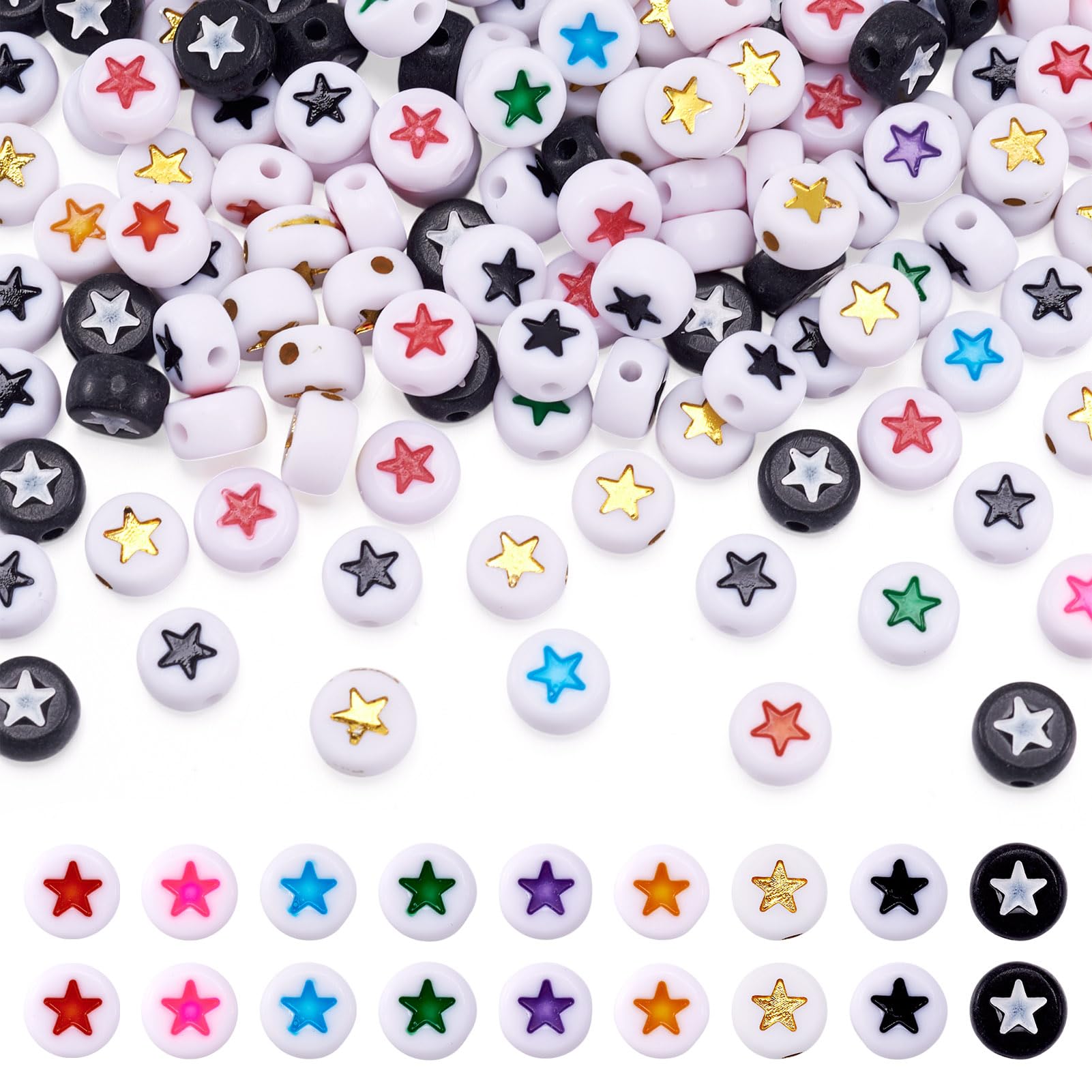 Beadthoven 500pcs Acrylic Flat Round with Star Beads 7mm Colorful Mini Disc Coin Pony Spacer Loose Beads for Necklace Bracelet Jewelry Making Home Decor
