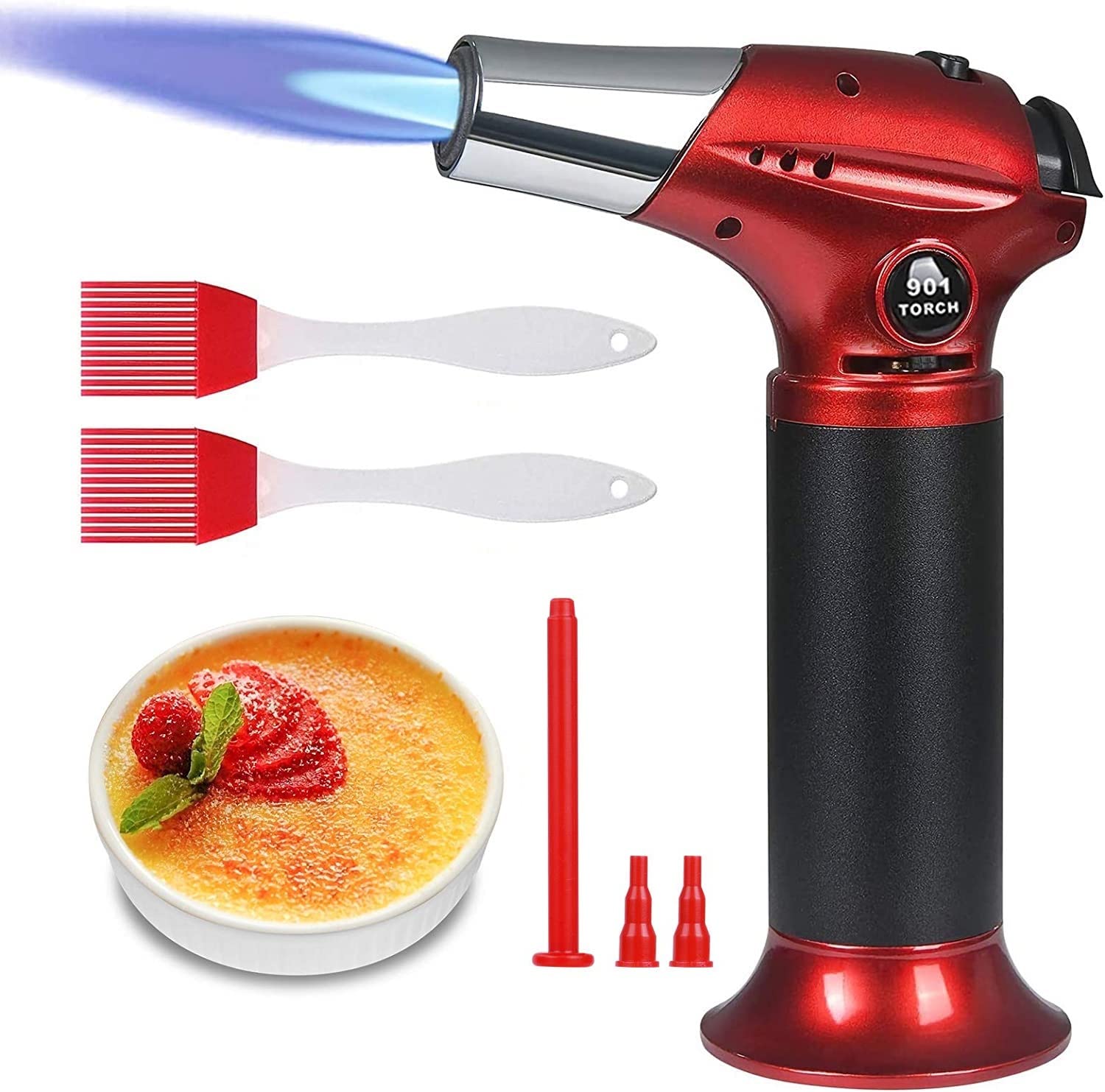 flintronic Blow Torch, Kitchen Torch, Refillable Butane Gas Torch Lighter with Safety Lock, Adjustable Flame with 2 Brush for Cooking, BBQ, Pastries, Soldering (Butane Gas Not Included) RED