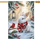 Large Winter Christmas Rabbit Snow House Flags 28 x 40 Double Sided, Merry Christmas Outdoor Flag Decor for Farmhouse Winter Xmas Holiday Decorations