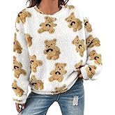 HGps8w Women's Cute Bear Plush Pajama Tops, Pullover Soft Fluffy Fleece Warm Sweatshirts Winter Comfy Fuzzy Lounge Sleepwear