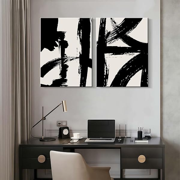 2PCS FRAMED ABSTRACT BLACK AND WHITE CANVAS WALL ART MINIMALIST BRUSHSTROKE LINE PRINTS MODERN HOME GALLERY STYLE PAINTING POSTERS PICTURE BEDROOM LIVING ROOM OFFICE 16X24 INCH READY TO HANG