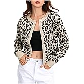 BEAUDRM Women's Cheetah Cardigan Sweater Y2K Leopard Print Cardigans Drop Shoulder Button Down Sweaters Crewneck Knit Top