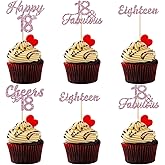 24 Pack Pink Glitter Happy 18th Birthday Cupcake Toppers 18 & Fabulous Cheers to 18 Years Old Birthday Cake Picks for Eighteen Happy 18th Anniversary Party Decorations Supplies