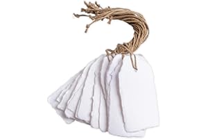 Wanderings Handmade White Deckled Edge Tags with String - 3.75 x 1.75” Only - Pack of 25 - Ideal for Price or Gift Tags, Arts, Crafts, Place Cards, Name Cards - Cold Press Thick 150 GSM