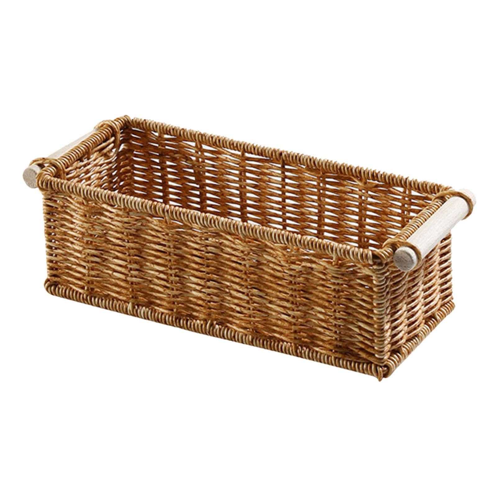 Baoblaze Imitation Rattan Basket Handmade Woven Storage Baskets Imitation Wicker Basket with Wooden Handle Rectangular Narrow Woven Baskets for Kitchen, Shelves, Bedroom, Bedroom, Wardrobe, L