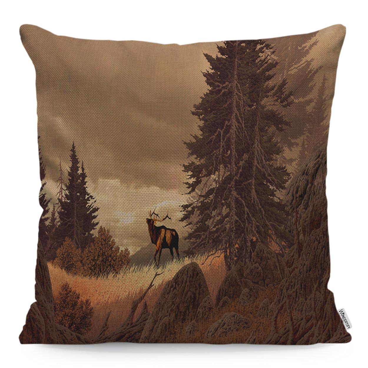 WONDERTIFY Deer Cushion Cover Elk Rocky Mountains Rocks Tree Wildlife Throw Pillow Covers Cushion Case For Couch Home Decor Brown 45X45 Cm