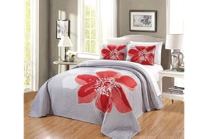 3-Piece Fine Printed Oversize (115" X 95") Quilt Set Reversible Bedspread Coverlet King Size Bed Cover (Coral Orange, Grey, W