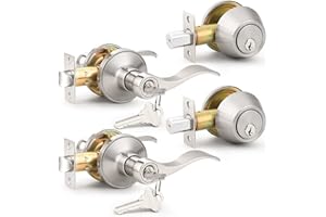 Probrico Entrance Door Lever Deadbolt Sets Drop Style Entry Door Handle Set with Single Cylinder Deadbolt in Satin Nickel Finish, Keyed Alike Lockset Handleset Combo Pack, Contemporary Style,2 Pack