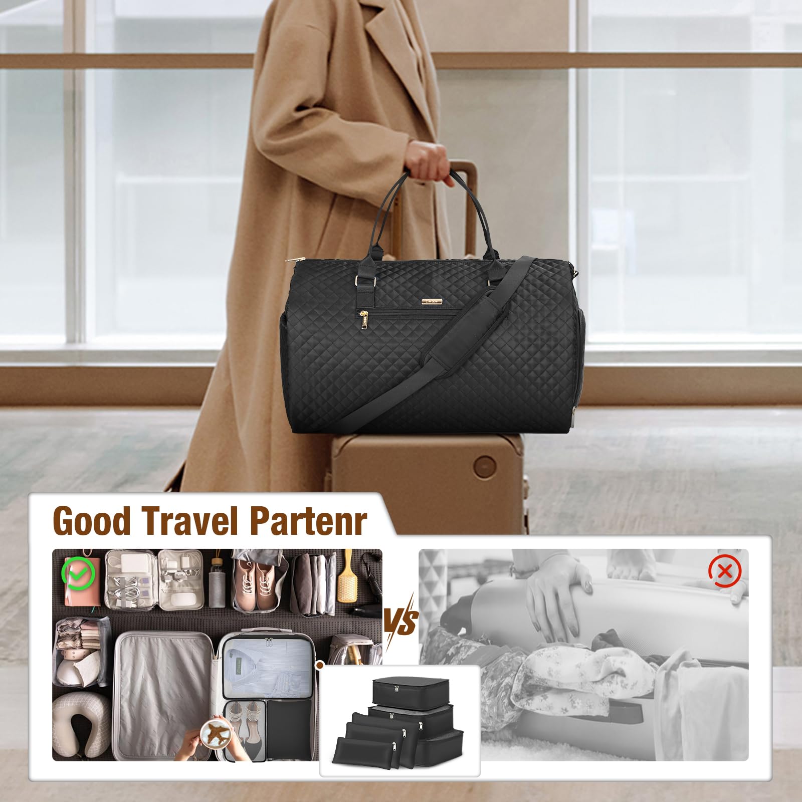 LekeSpring Garment Bags with 6 Set Packing Cubes, Garment Convertible Weekender Bag for Women, Large Carry On Garment Bags for Travel, Duffle Bag Garment Bag Gifts Black Color