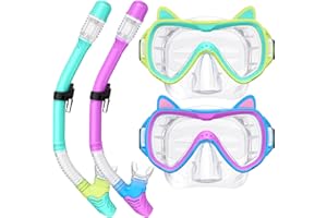 VMKFULER 2025 Cute Kitten Kids Snorkel Set,Pastel Colors, Anti-Fog Tempered Glass Snorkeling Gear for Kids Age 6 and up – Ideal for Birthdays or Graduation Celebrations!