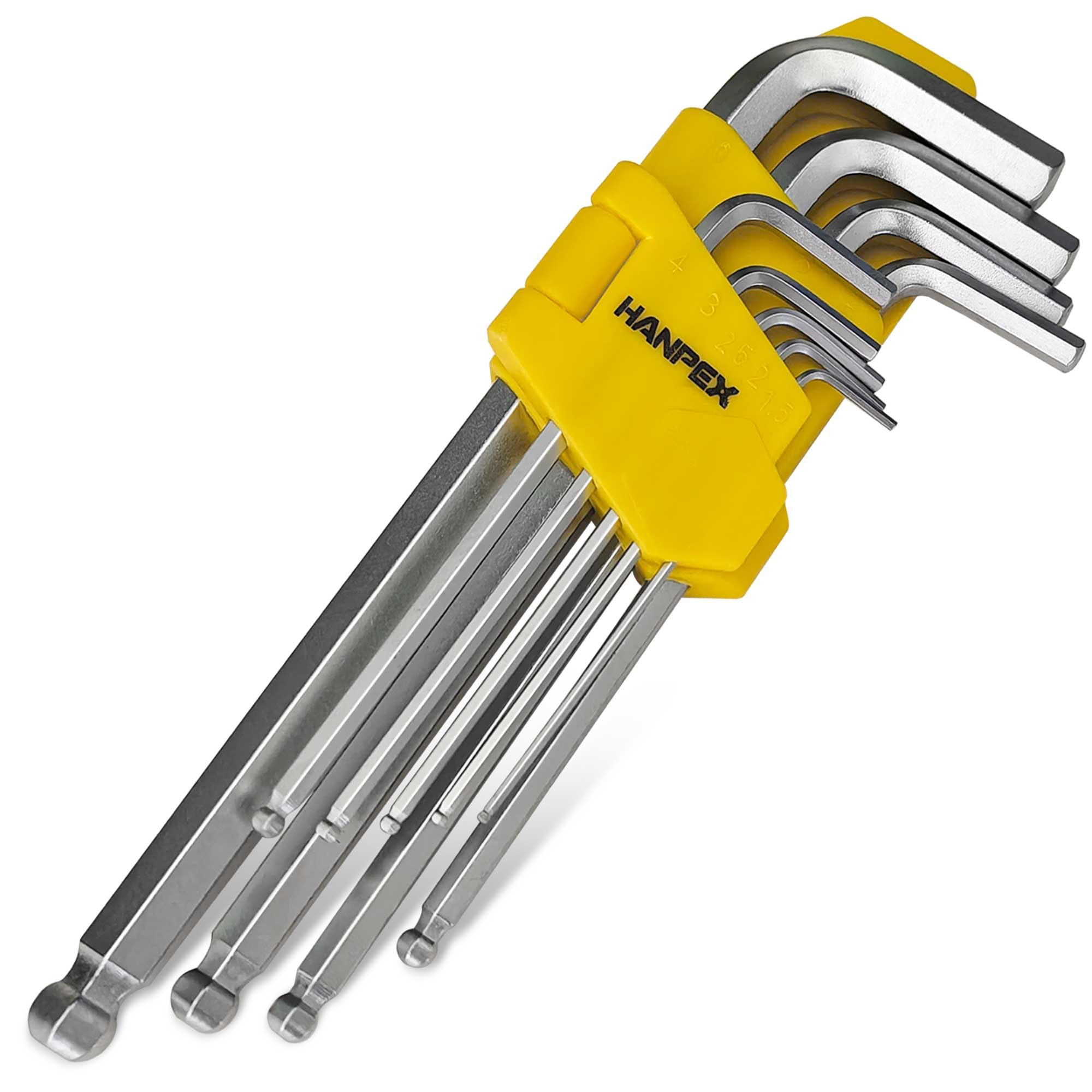 Hanpex Long Arm Hex Key Set with Ball End, Ball-End Allen Wrench, Chrome Vanadium Steel(Cr-V) Tamperproof TORX L- Key Set (9Pc Metric)