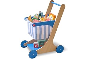 TEAMSON KIDS Little Helper Mr. Fresh Wooden Shopping Cart with 13 Grocery Store Pretend Play Food Accessories and Rolling Wheels – Montessori Push Toy for Kids and Toddlers Ages 3+, Blue & White Stripes