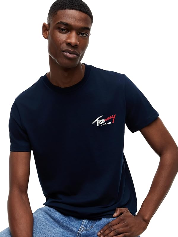 Herren T-Shirt Kurzarm Slim Sign Chest mit Logo, Blau (Dark Night Navy), M