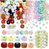 PH PandaHall 390PCS 17 Colors Pom Poms Beads Soft Faux Fur Bead Poms Spacer Beads Bulk Soft Puff Spacers Crackle Glass Bead for DIY Bracelets Keychain Necklace Earring Beaded Pen Jewelry