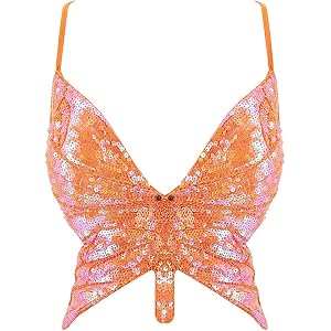Women Sequin Halter Crop Top Belly Dance Costume with Fringe Tassel | Belly Dancing Outfi,Butterfly Sparkly Sequin Halter Cro