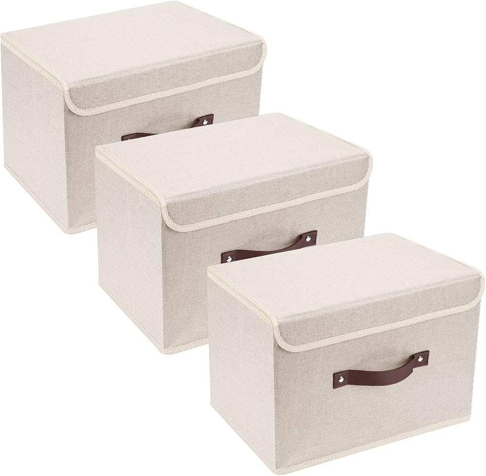 TYEERS Collapsible Fabric Storage Box with Lid Beige Set of 3 38x25x25 cm