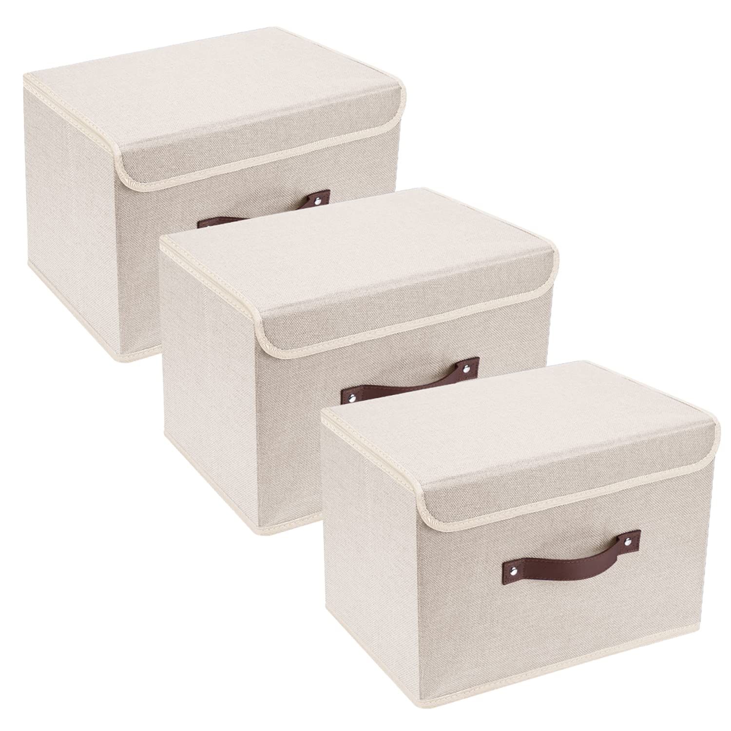 TYEERS Collapsible Storage Box with Lid, Fabric Storage Box for Clothes, Wardrobe Storage, 38x25x25 cm, Set of 3, Beige