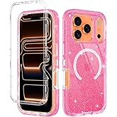 I-HONVA for iPhone 17 Pro Max Case Clear [Non Yellowing] [Compatible with MagSafe] Shockproof 3-Layer Full Body Protection Rugged Heavy Duty Cover Case for Apple iPhone 17 Pro Max,Clear Pink Glitter