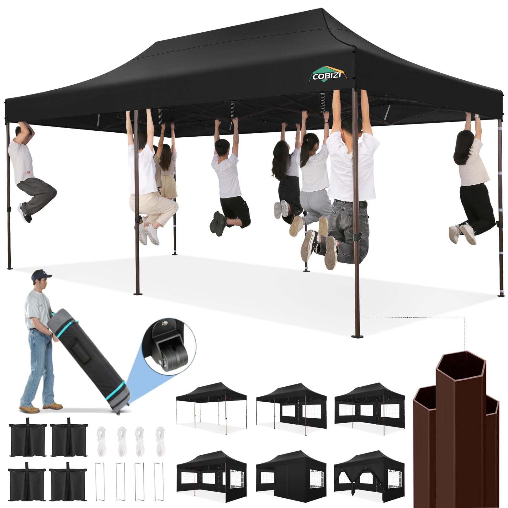 Photo 1 of ***SIMILAR ITEM***SIZE UNKNOWN***COBIZI Heavy Duty Pop up Canopy Tent with 6 Sidewalls, Commercial Instant Canopies Tents for Parties Gazebos with Roller Bag, Wind & Waterproof UPF50+,Thickened Frame for Backyard, Black