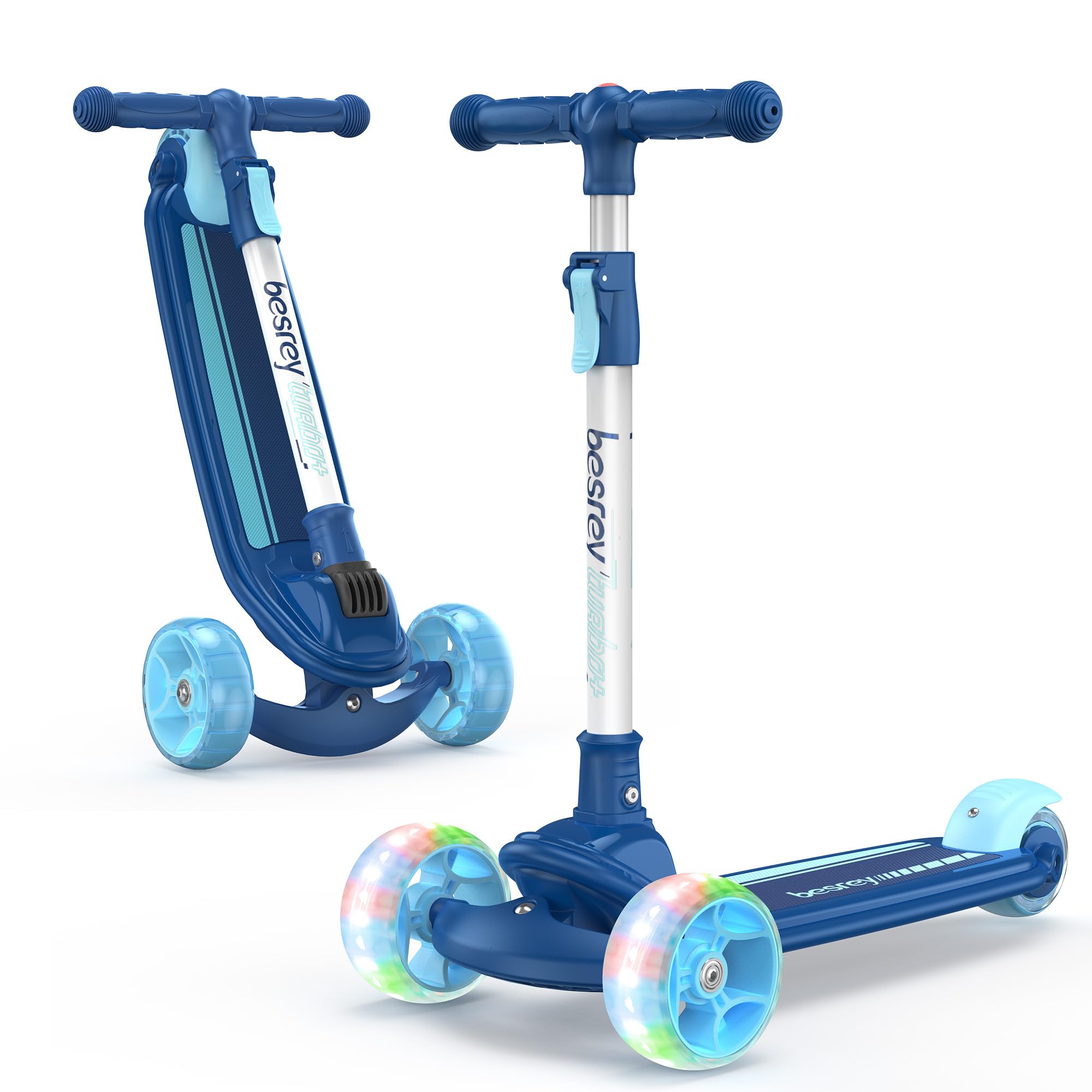 besrey Kids Scooter - Big Wheels Foldable Kick Scooter with Flashing LED Lights for Boys Girls, 4 Levels Height Adjustable, 3 Wheel Scooter for Kids Ages 2-8 with Safe Lean to Steer Design Silver Blue