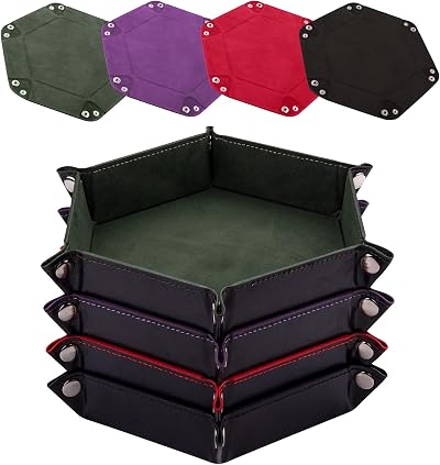 SIQUK 4 Pieces Dice Tray Hexagon Folding PU Leather Velvet RPG DND