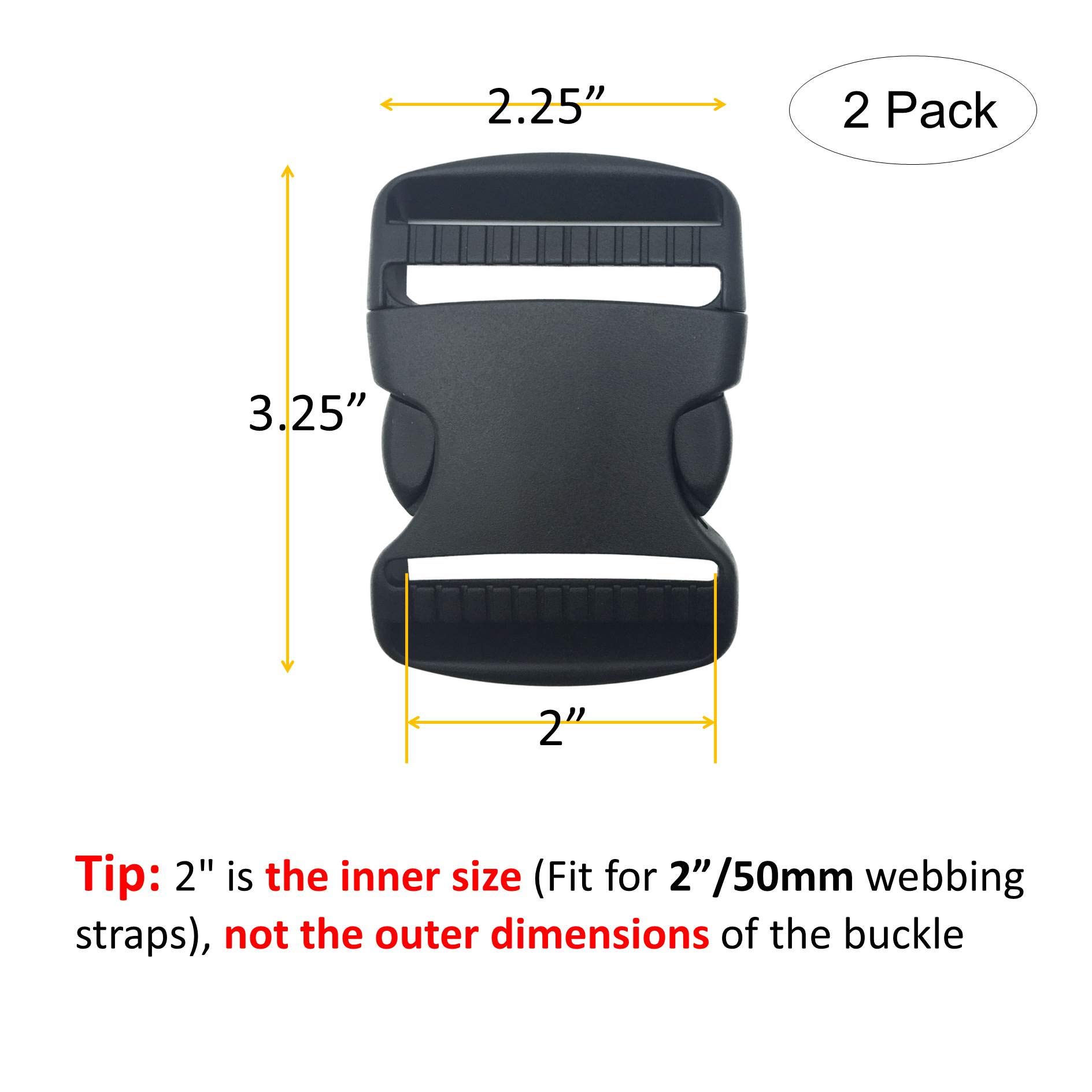 2 Set 2 Inch Flat Dual Adjustable Plastic Quick Side Release Plastic Buckles and Tri-glide Slides for Luggage Straps Pet Collar Backpack Repairing (Black, Fit For 2”/50mm Webbing Straps)