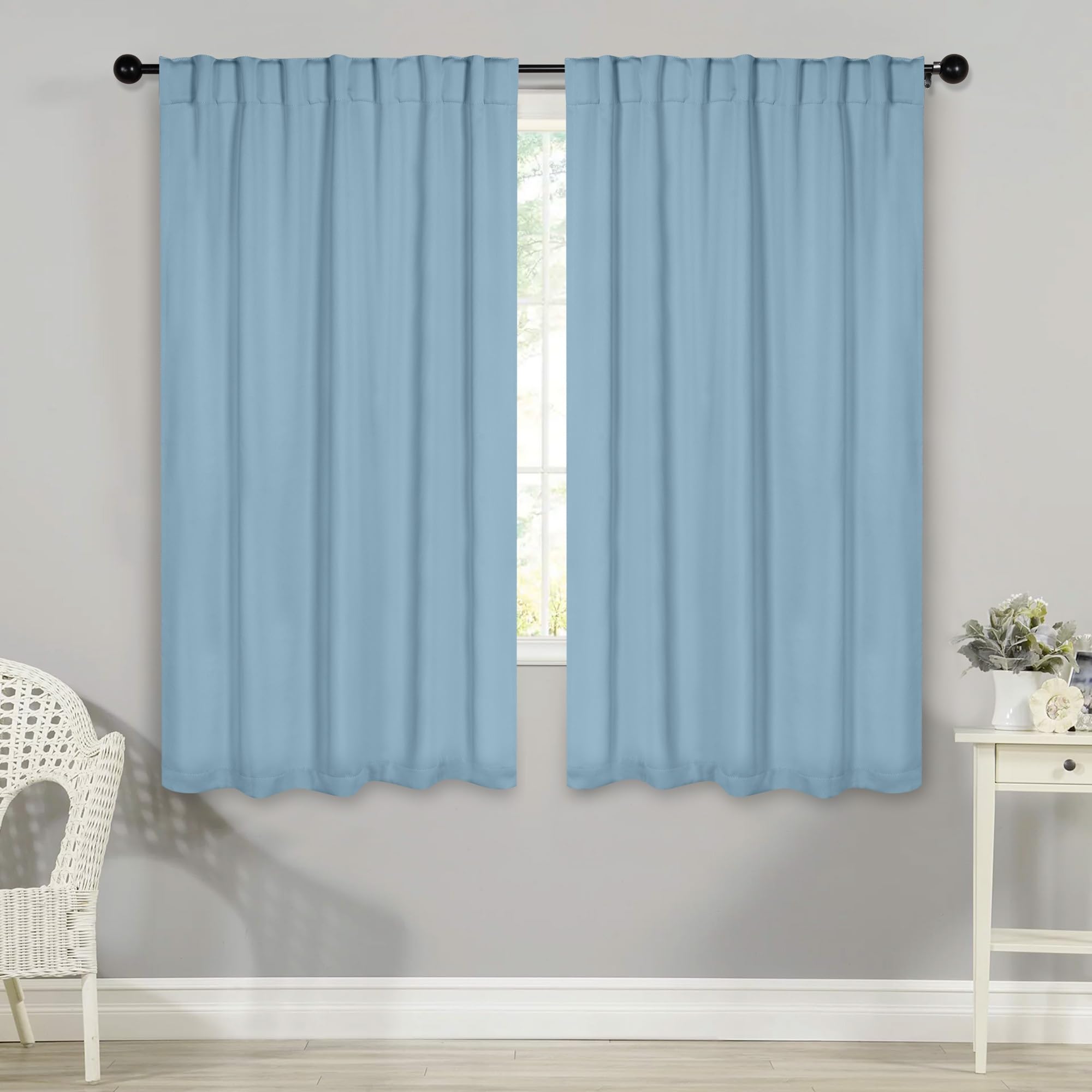 Superior Blackout Curtains, Room Darkening, Bedroom, Drapes, Kitchen, Living Room Window Accents, Sun Blocking, Thermal, 2 Pack, Solid Blackout Back Tab Curtains, Set of 2, 42″ x 63″, Light Blue
