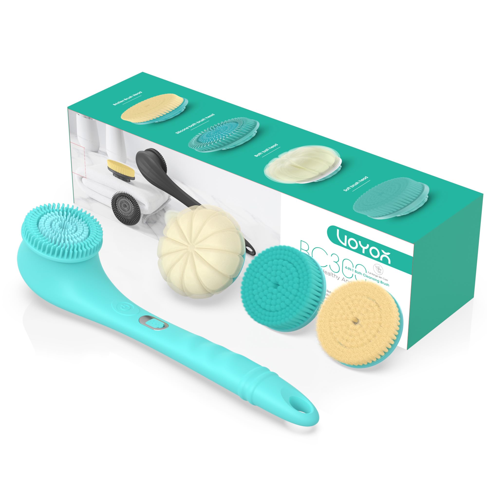 VOYOR Electric Body Scrubber - Two-Way Rotating Brush Head, 4 Accessories, IPX6 Waterproof, Rechargeable Cordless, Long Handle Bath Brush BC300 (Blue)