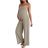 MakeMeChic Women's Maternity Cami Jumpsuit Spaghetti Strap Rib Wide Leg Pregnancy Overalls Romper