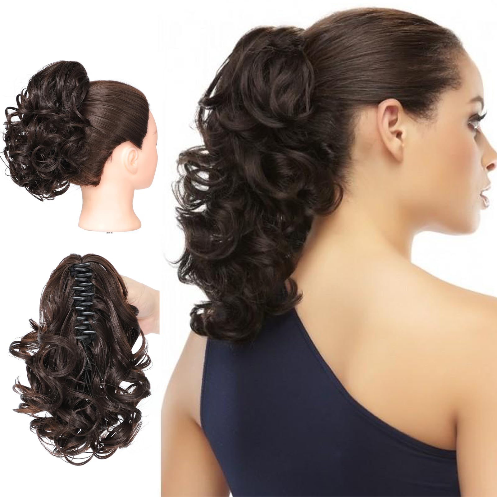 25cm Wavy Claw Clip on Ponytail Hair Extensions, Curly Ponytail Extension Jaw Clip pony tail hair pieces for women Girls Fake Pony Tail Hairpieces