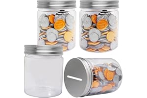 Mczxon Small Coin Bank Jars 4-Pack, 16oz Clear Plastic Coin Money Tip Coin Jars with Silver Slotted Lids, Small Transparent Plastic Coin Money Piggy Banks Jars for Adults Teens Kids Girls Boy, Silver