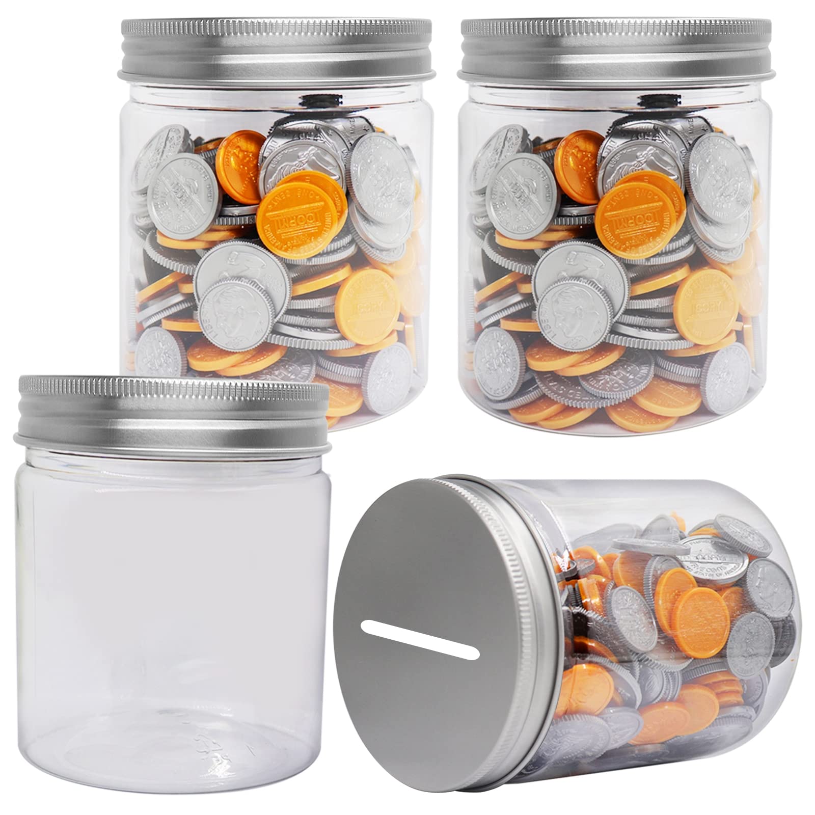 Mczcent 4-Pack Small Clear Plastic Transparent Coin Tips Piggy Banks (16oz), Silver Slotted Lids, for Adults, Teens, Kids & Girls Boys